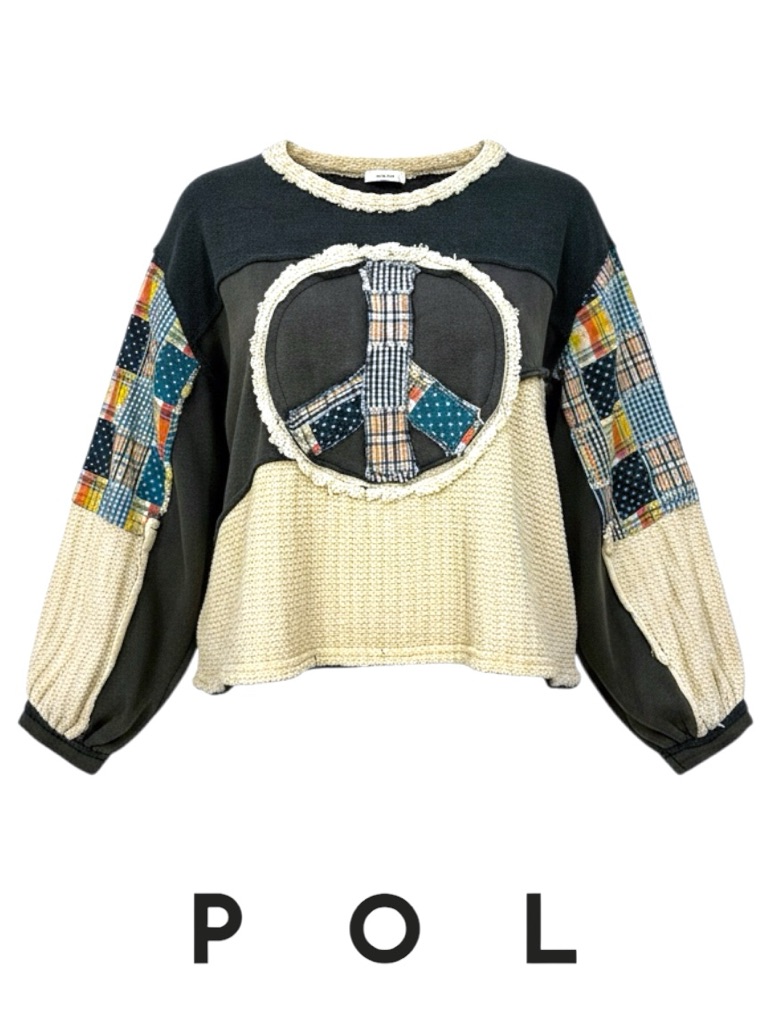 Pol Patchwork Peace Sign Boho Sweater | Size Small | Oversized Fit | New